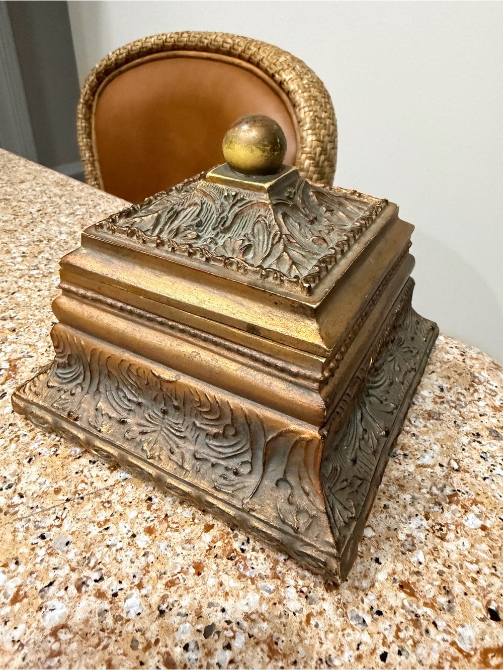 Vintage gold wooden trinket box Ornate Decorative Square Finial in Aged Gold